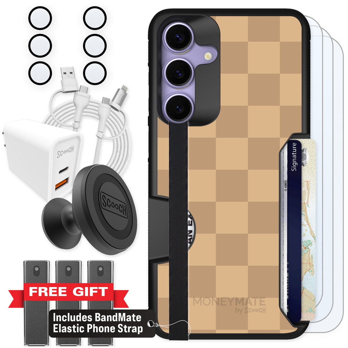 Scooch Moneymate Checkered Beige for Galaxy S25+ — Ultimate Bundle