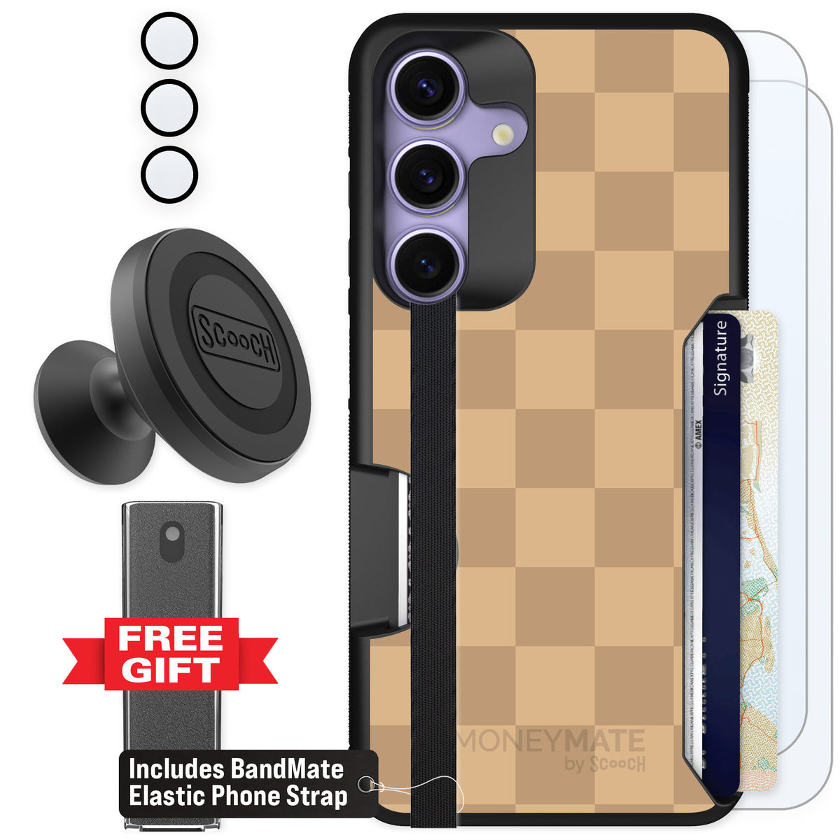 Scooch Moneymate Checkered Beige for Galaxy S25 — Defender Bundle