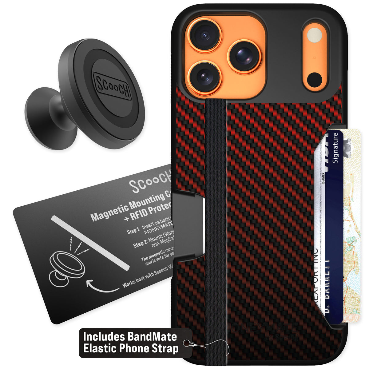Scooch Moneymate Red Carbon Fiber for iPhone 17 Pro Max — Starter Bundle
