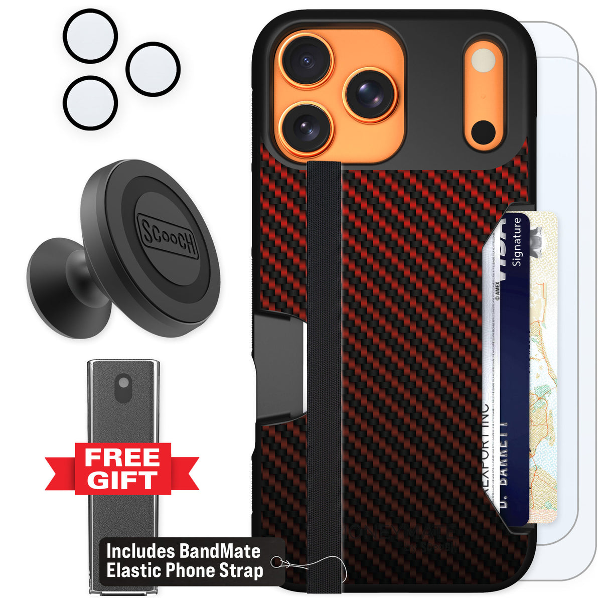 Scooch Moneymate Red Carbon Fiber for iPhone 17 Pro Max — Defender Bundle