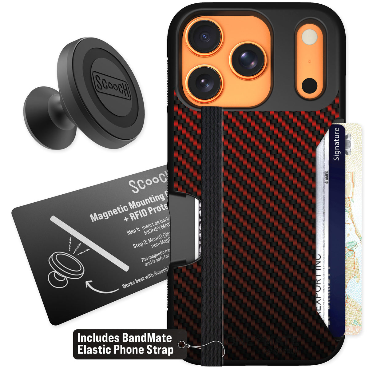 Scooch Moneymate Red Carbon Fiber for iPhone 17 Pro — Starter Bundle