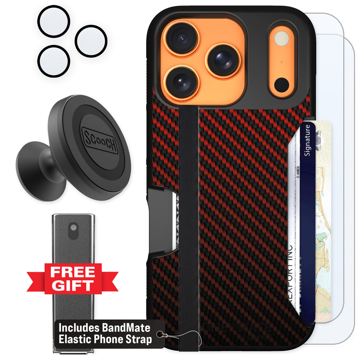 Scooch Moneymate Red Carbon Fiber for iPhone 17 Pro — Defender Bundle