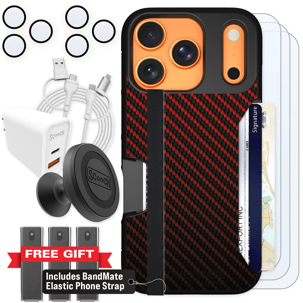 Scooch Moneymate Red Carbon Fiber for iPhone 17 Pro — Ultimate Bundle