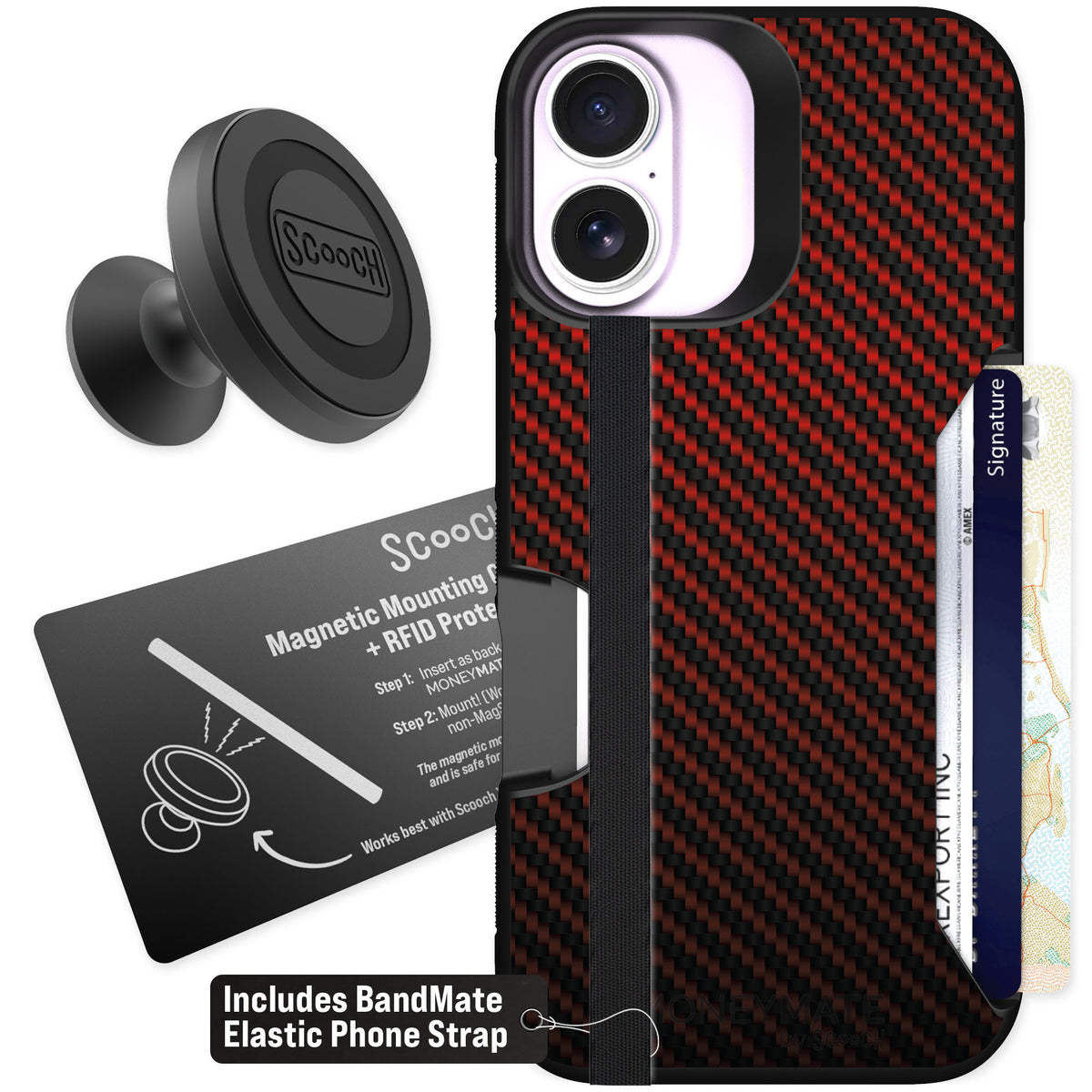 Scooch Moneymate Red Carbon Fiber for iPhone 17 — Starter Bundle