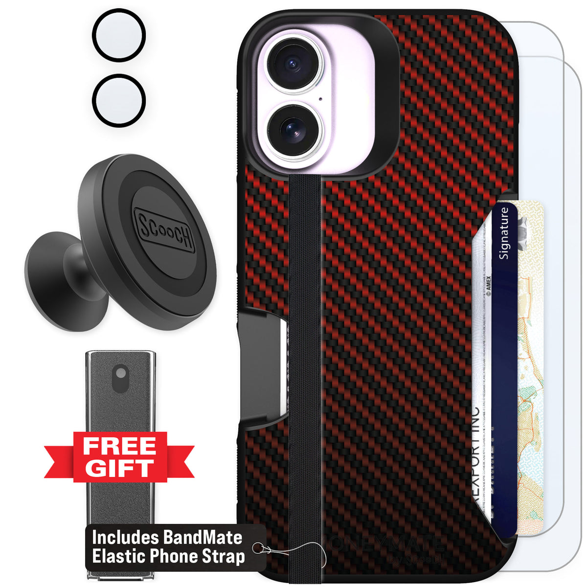 Scooch Moneymate Red Carbon Fiber for iPhone 17 — Defender Bundle