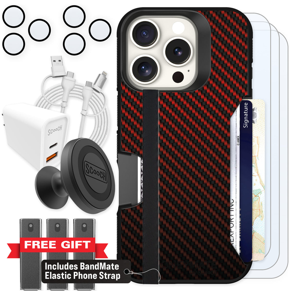 Scooch Moneymate Red Carbon Fiber for iPhone 16 Pro — Ultimate Bundle