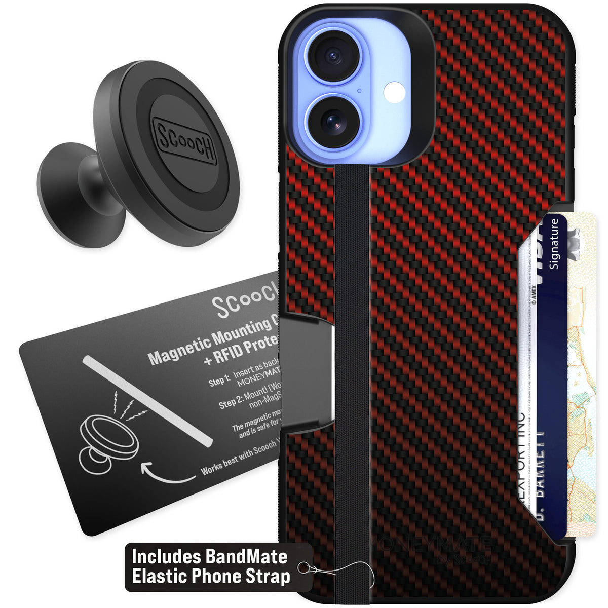 Scooch Moneymate Red Carbon Fiber for iPhone 16 Plus — Starter Bundle