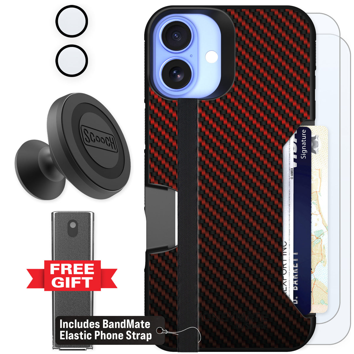 Scooch Moneymate Red Carbon Fiber for iPhone 16 Plus — Defender Bundle