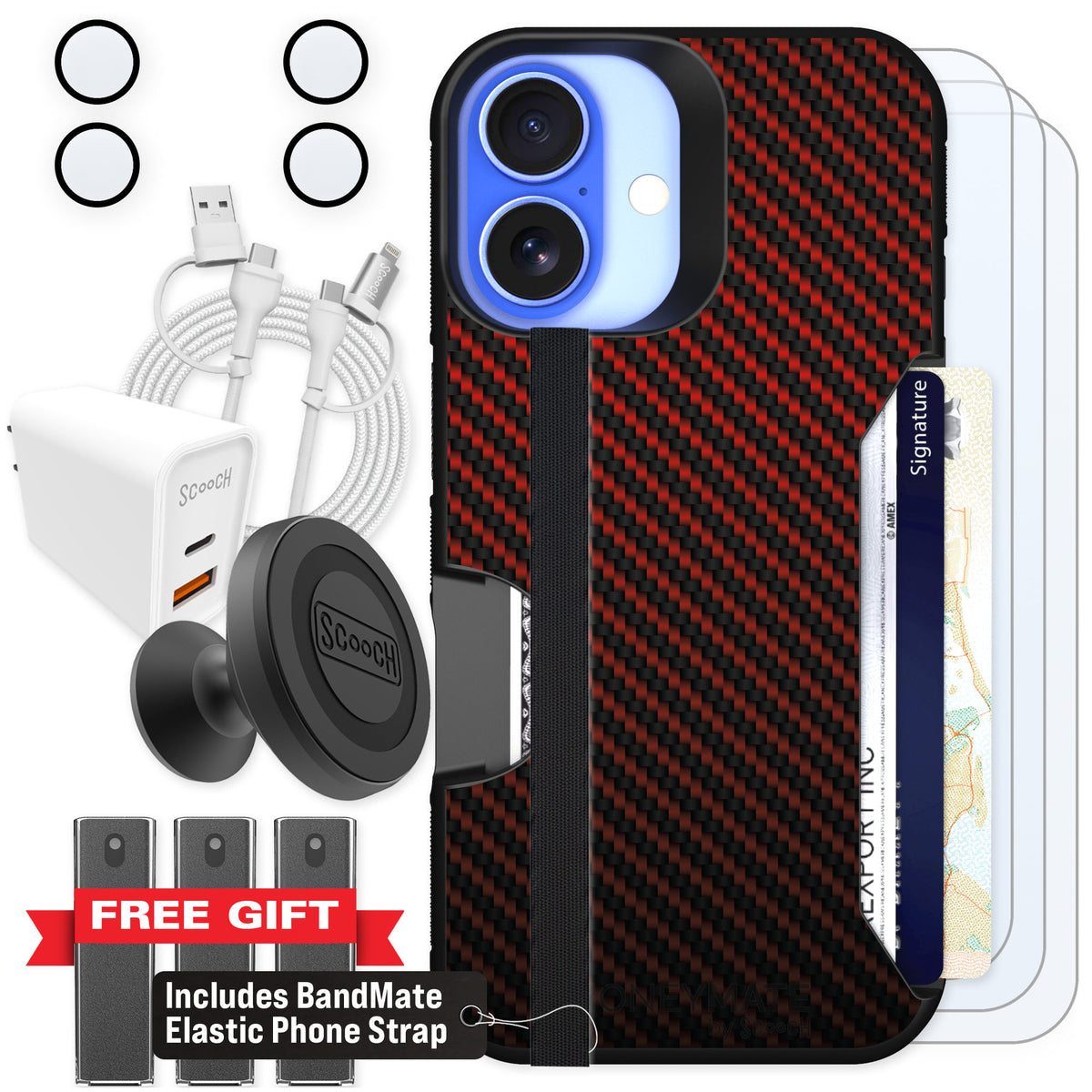 Scooch Moneymate Red Carbon Fiber for iPhone 16 — Ultimate Bundle