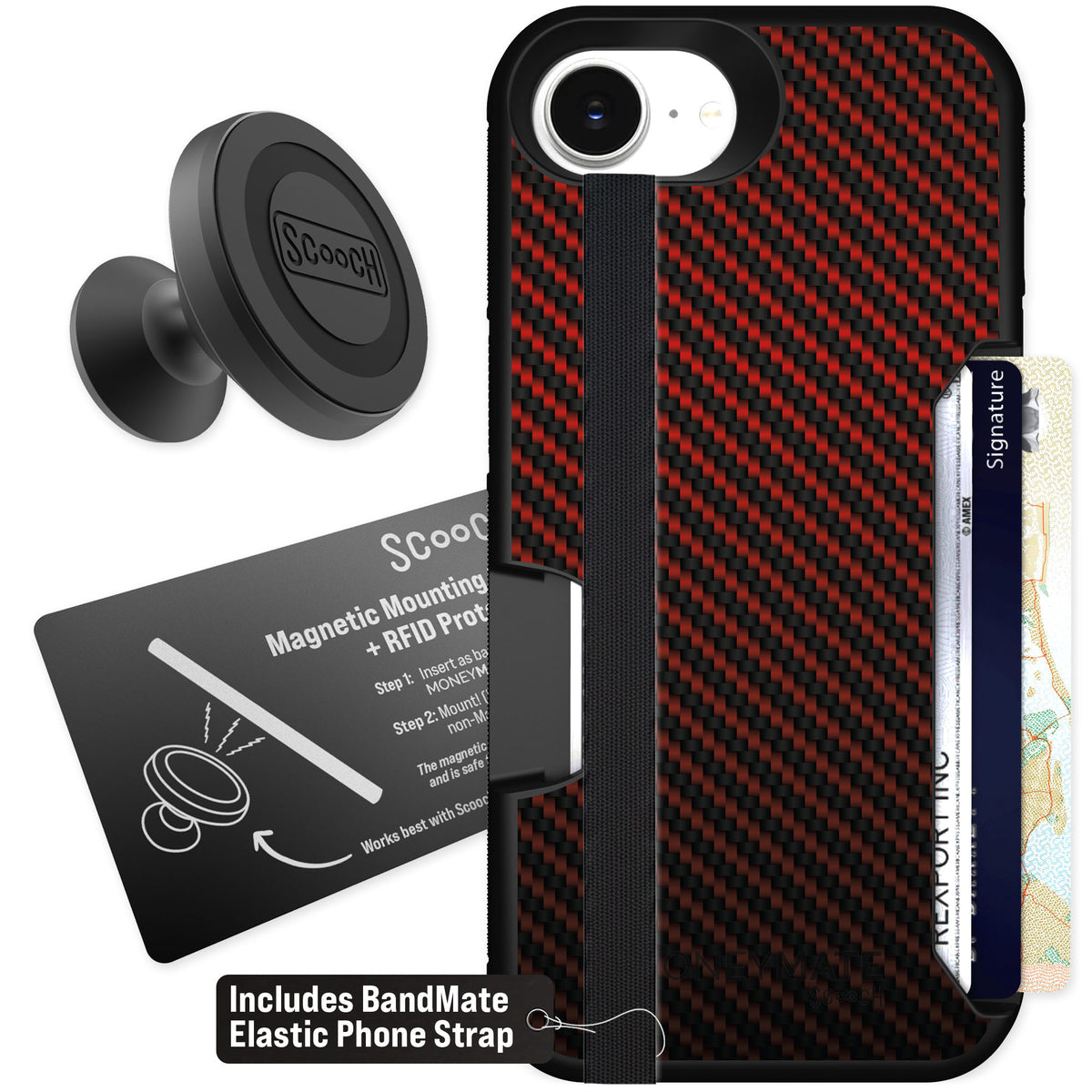 Scooch Moneymate Red Carbon Fiber for iPhone 16e — Starter Bundle