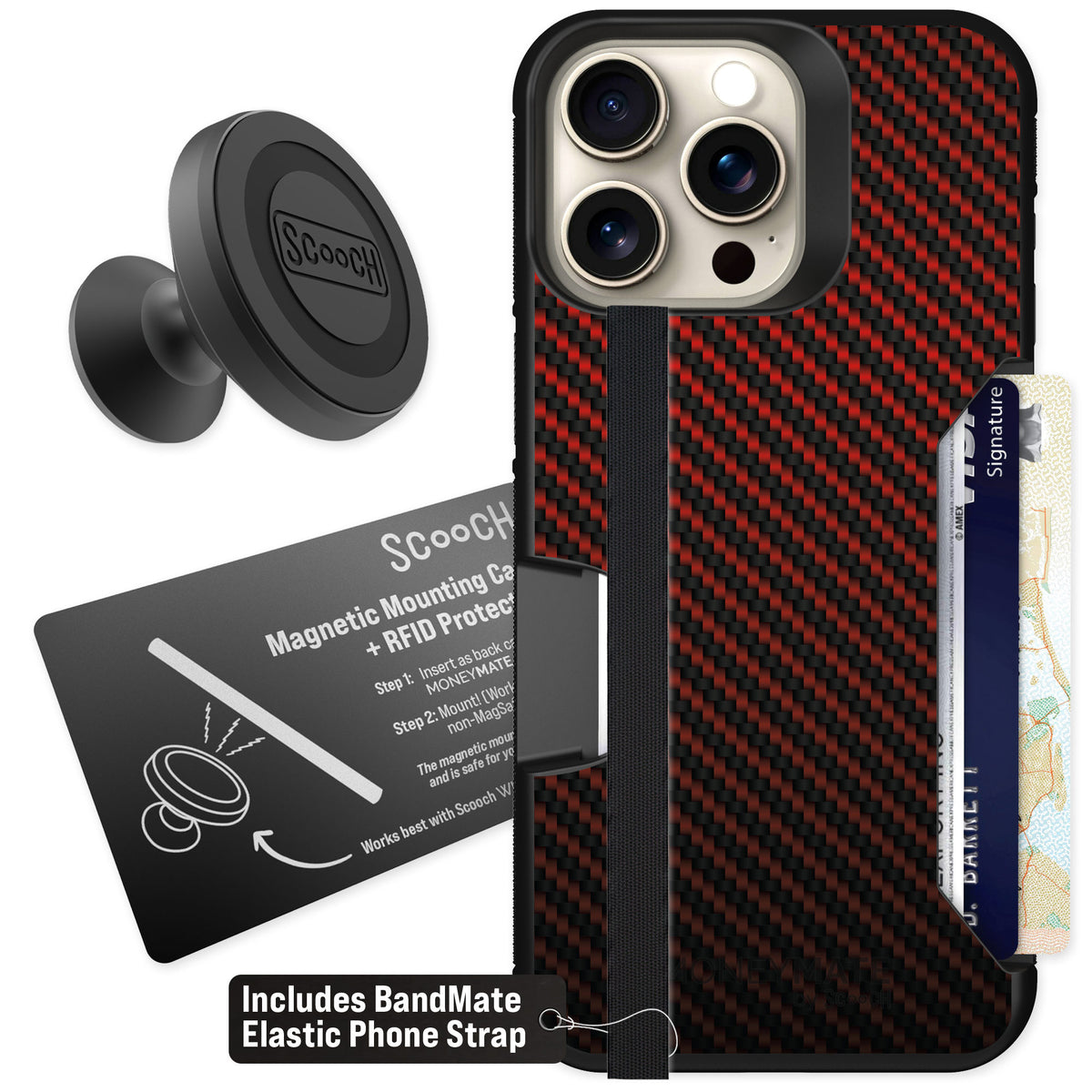 Scooch Moneymate Red Carbon Fiber for iPhone 15 Pro Max — Starter Bundle