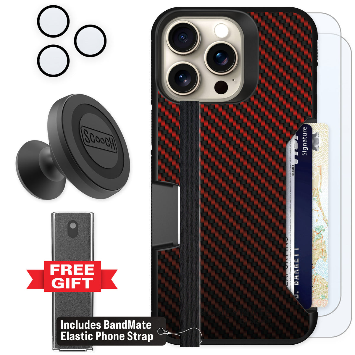 Scooch Moneymate Red Carbon Fiber for iPhone 15 Pro Max — Defender Bundle