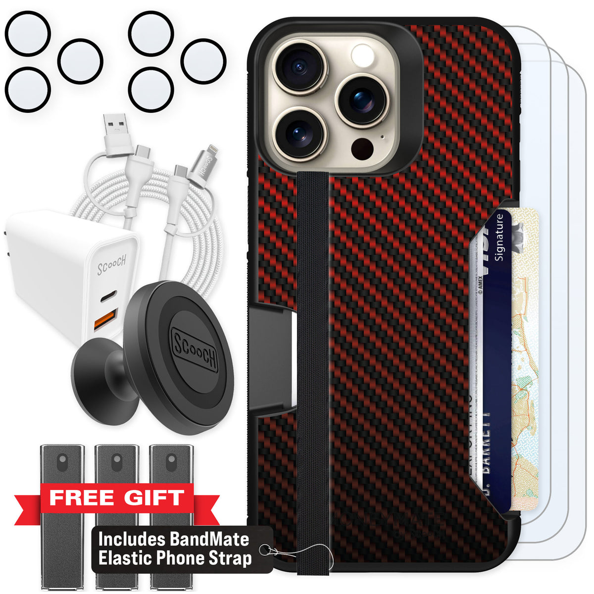 Scooch Moneymate Red Carbon Fiber for iPhone 15 Pro Max — Ultimate Bundle