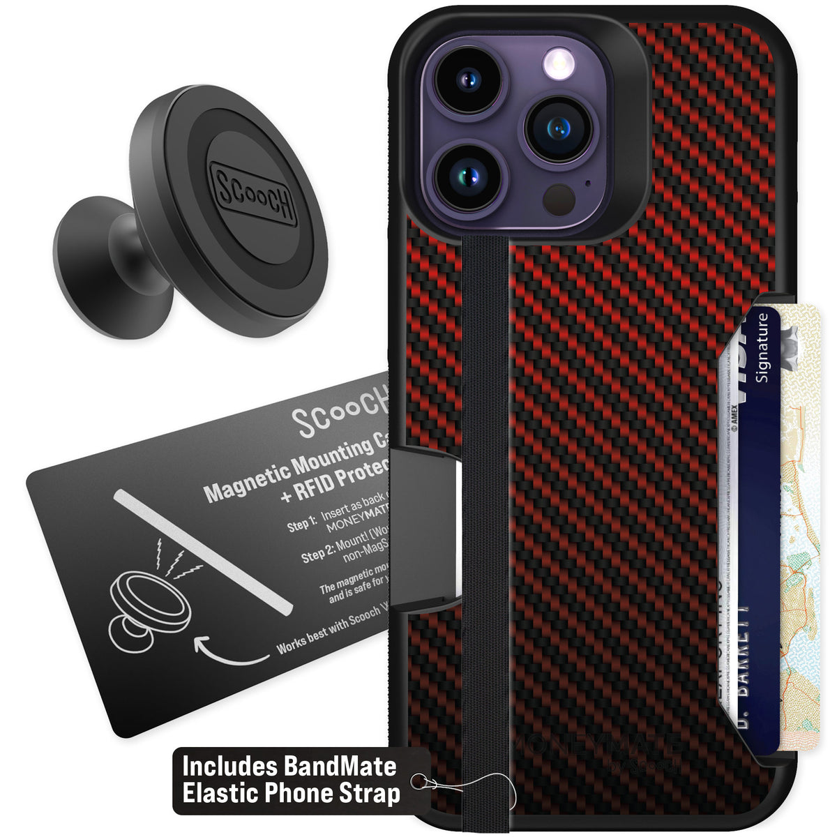 Scooch Moneymate Red Carbon Fiber for iPhone 14 Pro Max — Starter Bundle