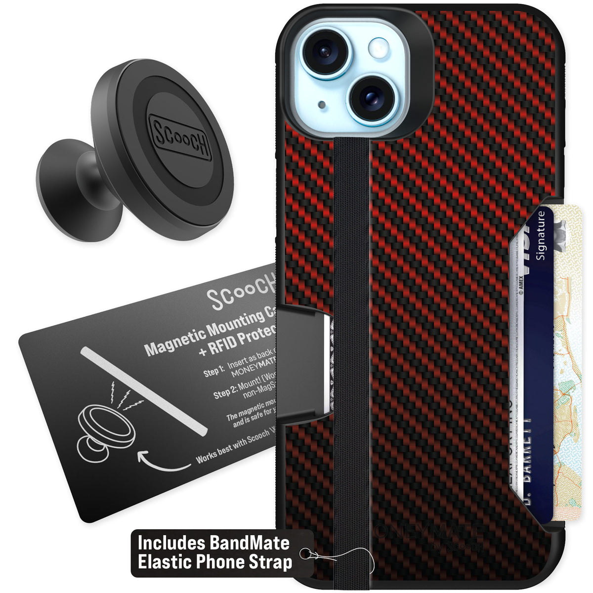 Scooch Moneymate Red Carbon Fiber for iPhone 14 Plus — Starter Bundle