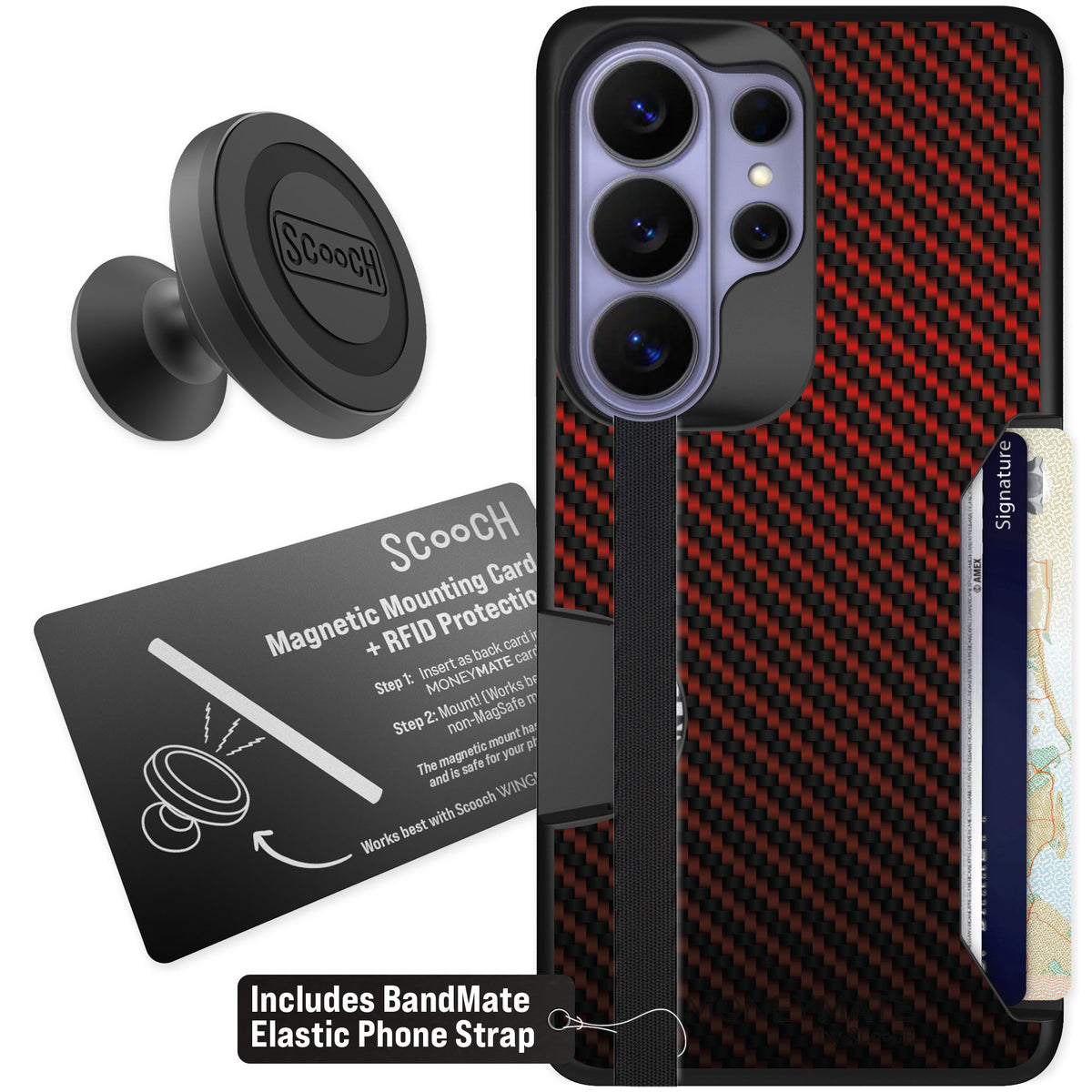 Scooch Moneymate Red Carbon Fiber for Galaxy S26 Ultra — Starter Bundle