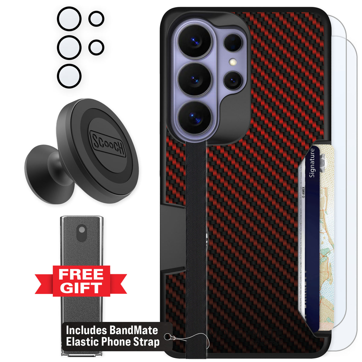Scooch Moneymate Red Carbon Fiber for Galaxy S26 Ultra — Defender Bundle
