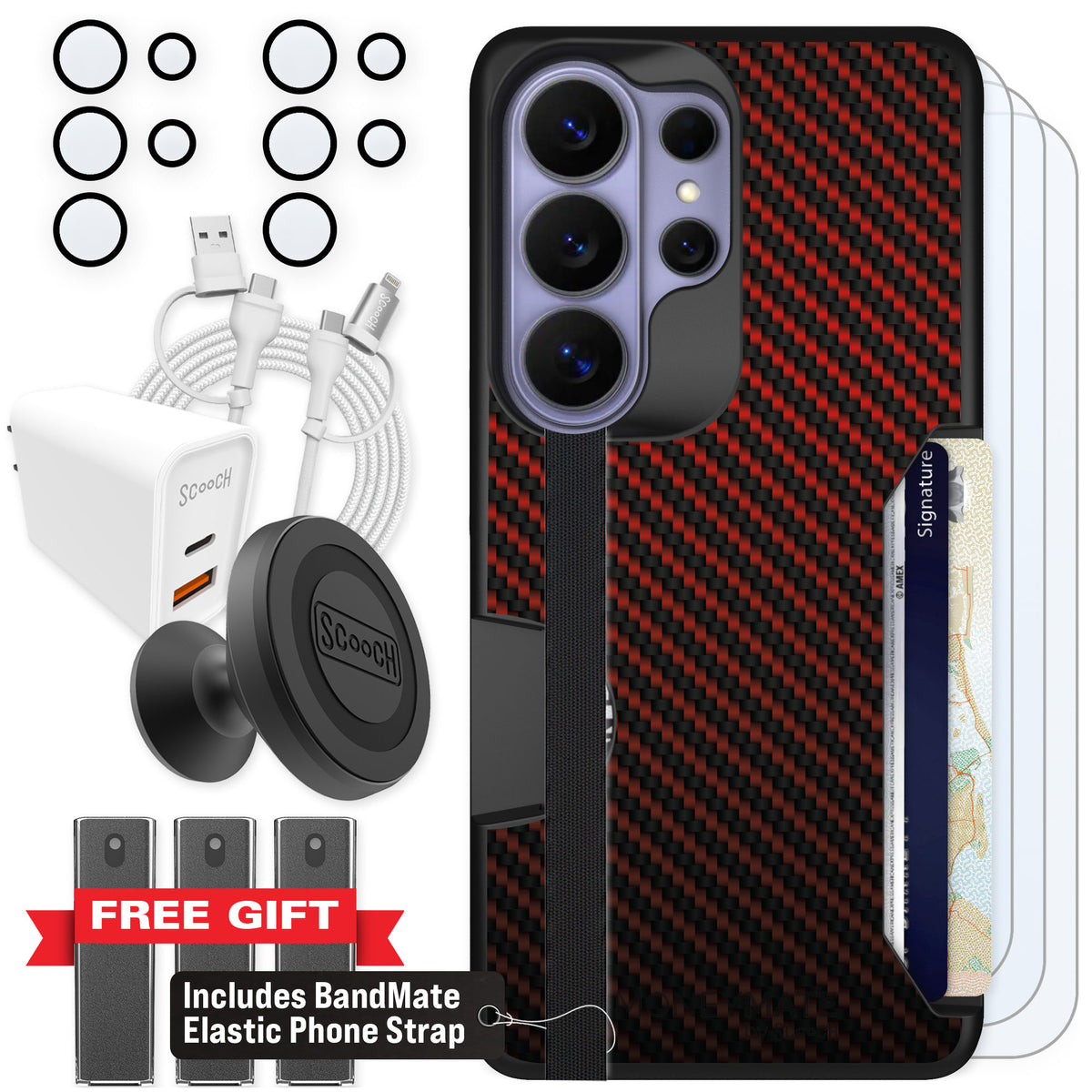 Scooch Moneymate Red Carbon Fiber for Galaxy S26 Ultra — Ultimate Bundle
