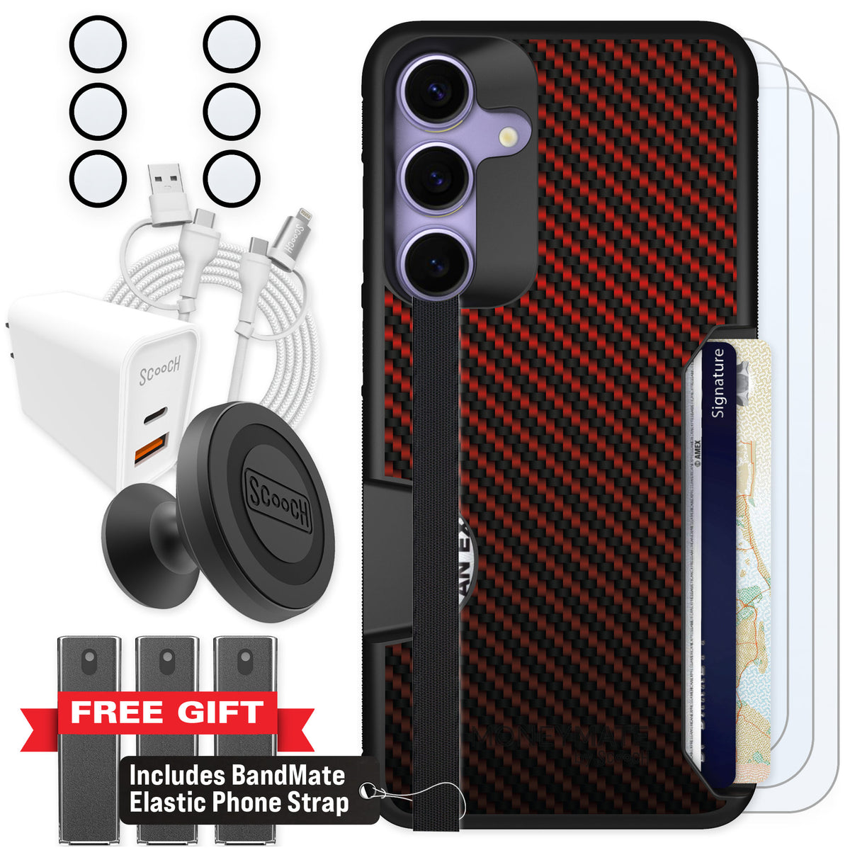 Scooch Moneymate Red Carbon Fiber for Galaxy S25+ — Ultimate Bundle