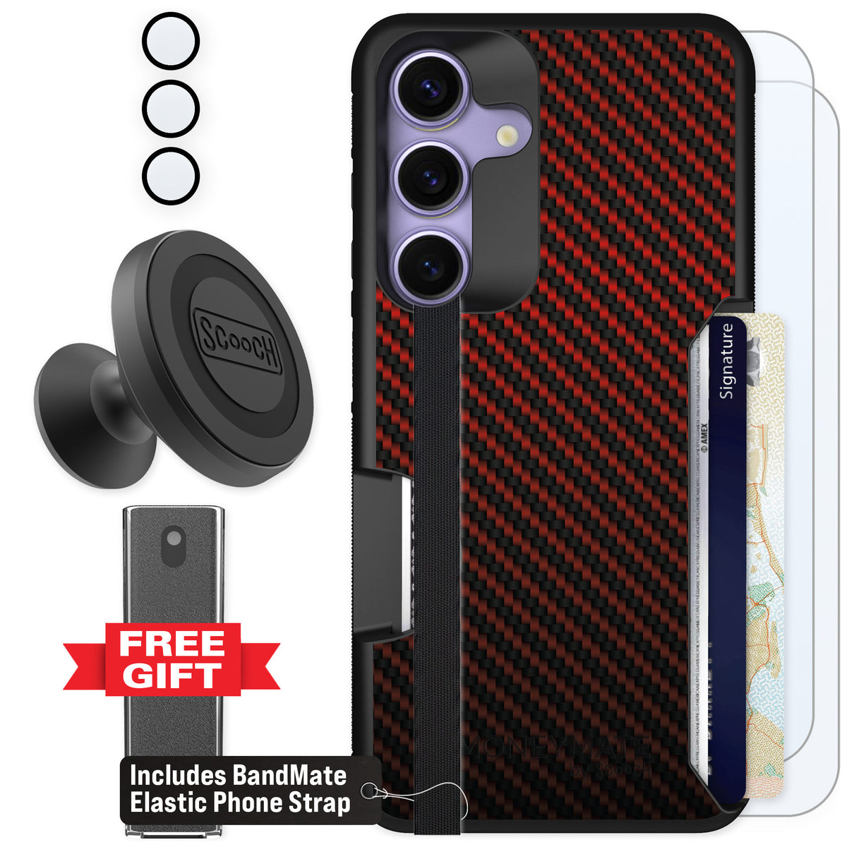 Scooch Moneymate Red Carbon Fiber for Galaxy S25 — Defender Bundle