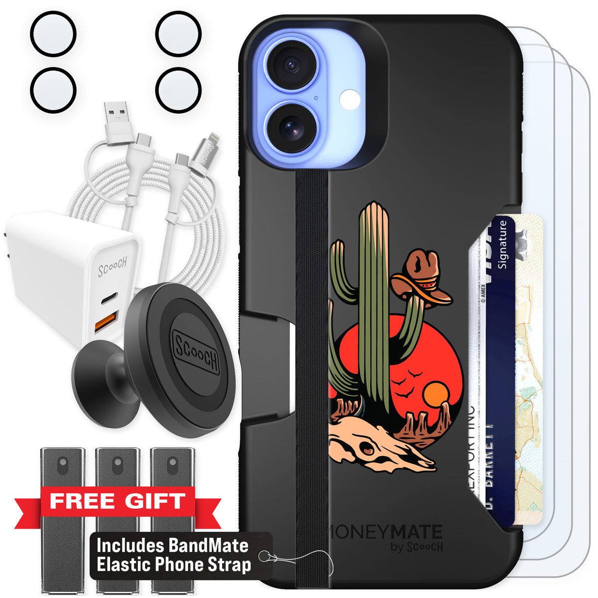 Scooch Moneymate Cactus Flash for iPhone 16 Plus — Ultimate Bundle