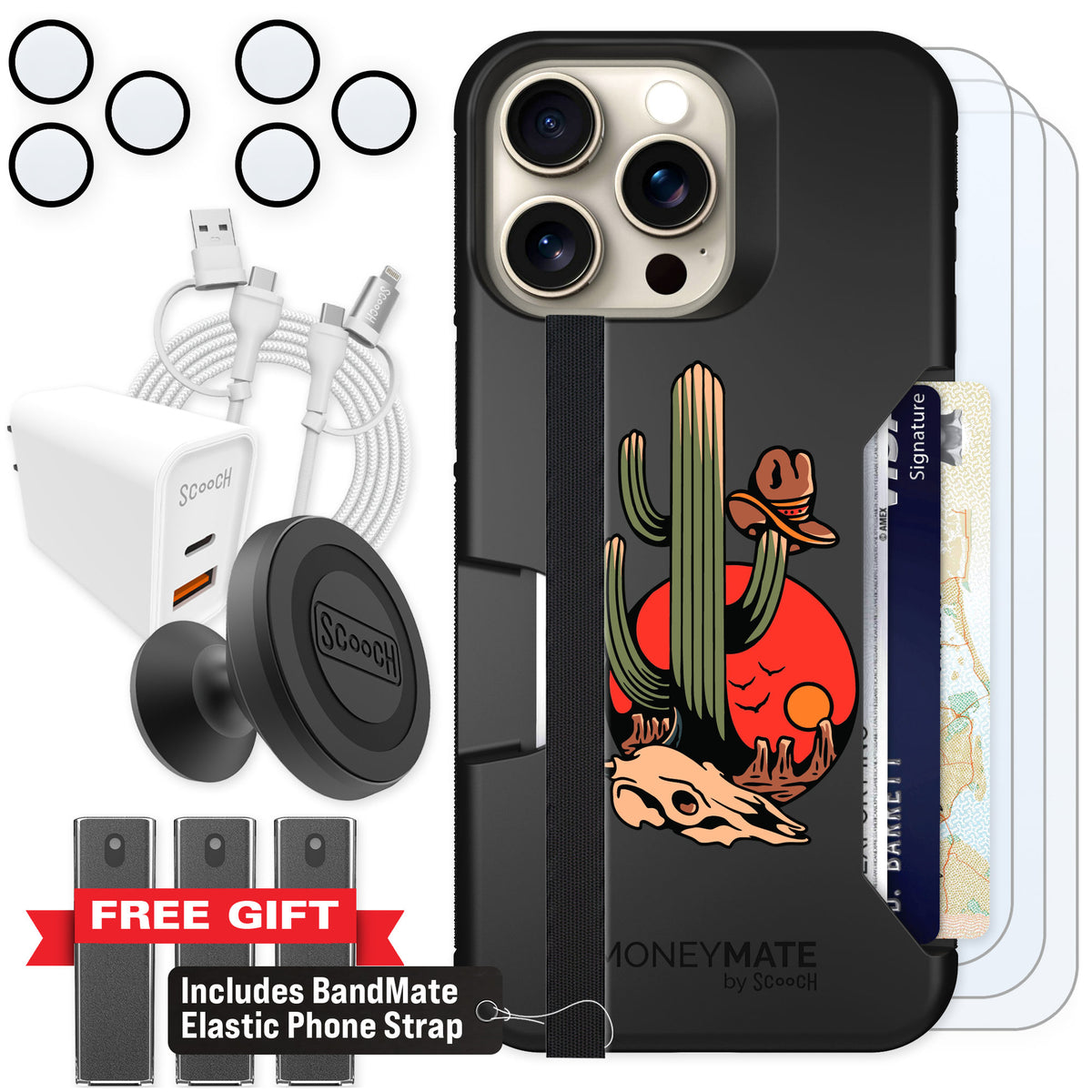 Scooch Moneymate Cactus Flash for iPhone 15 Pro Max — Ultimate Bundle