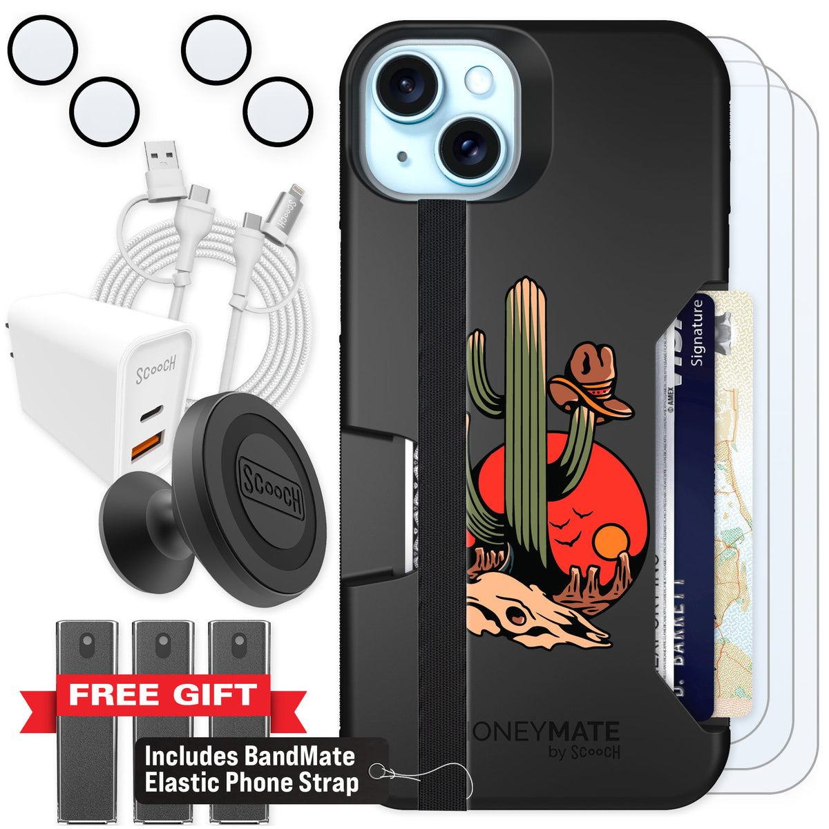 Scooch Moneymate Cactus Flash for iPhone 15 Plus — Ultimate Bundle