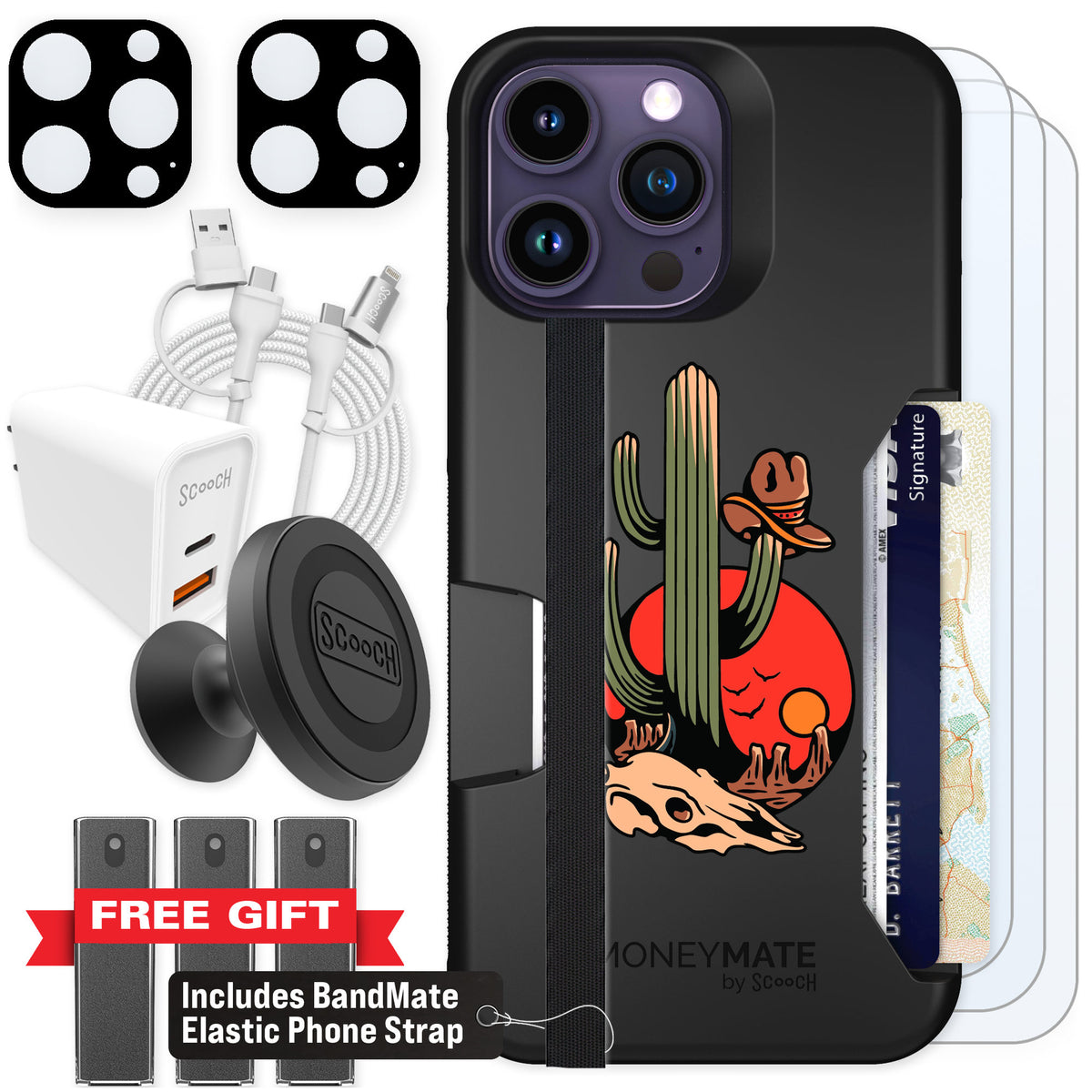 Scooch Moneymate Cactus Flash for iPhone 14 Pro Max — Ultimate Bundle