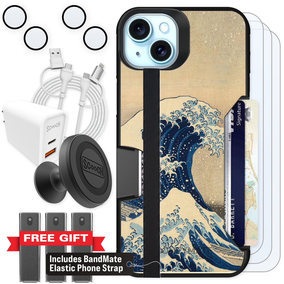 Scooch Moneymate Great Wave for iPhone 15 Plus — Ultimate Bundle