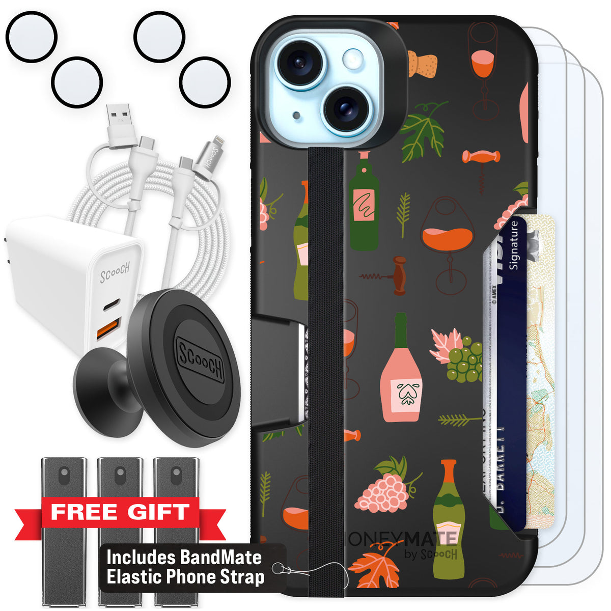 Scooch Moneymate Vino Vibes for iPhone 15 Plus — Ultimate Bundle