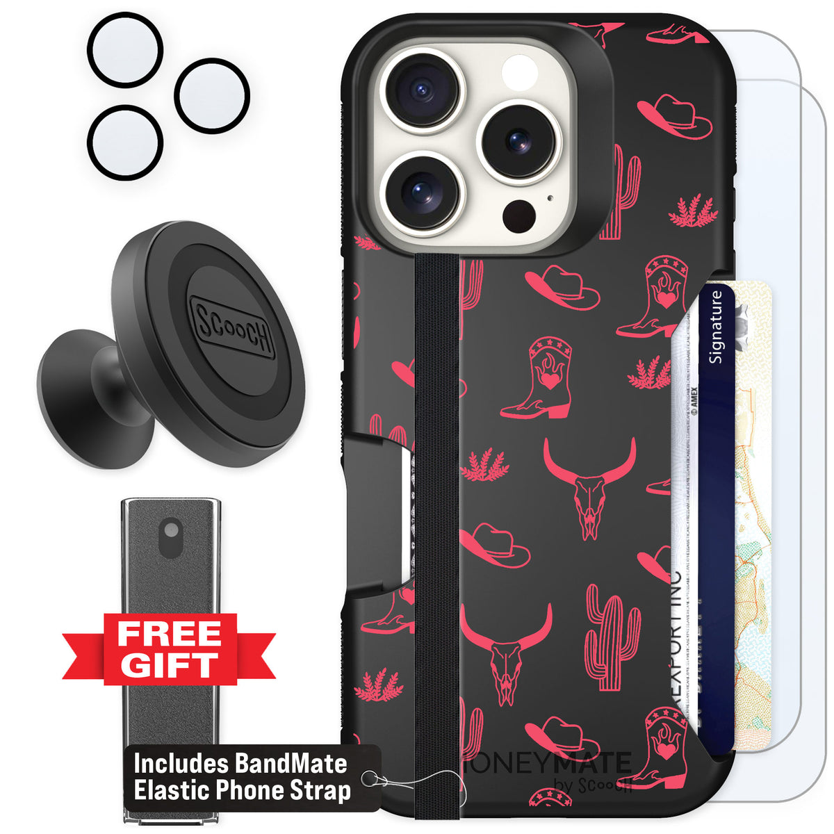Scooch Moneymate Howdy Honey for iPhone 16 Pro — Defender Bundle