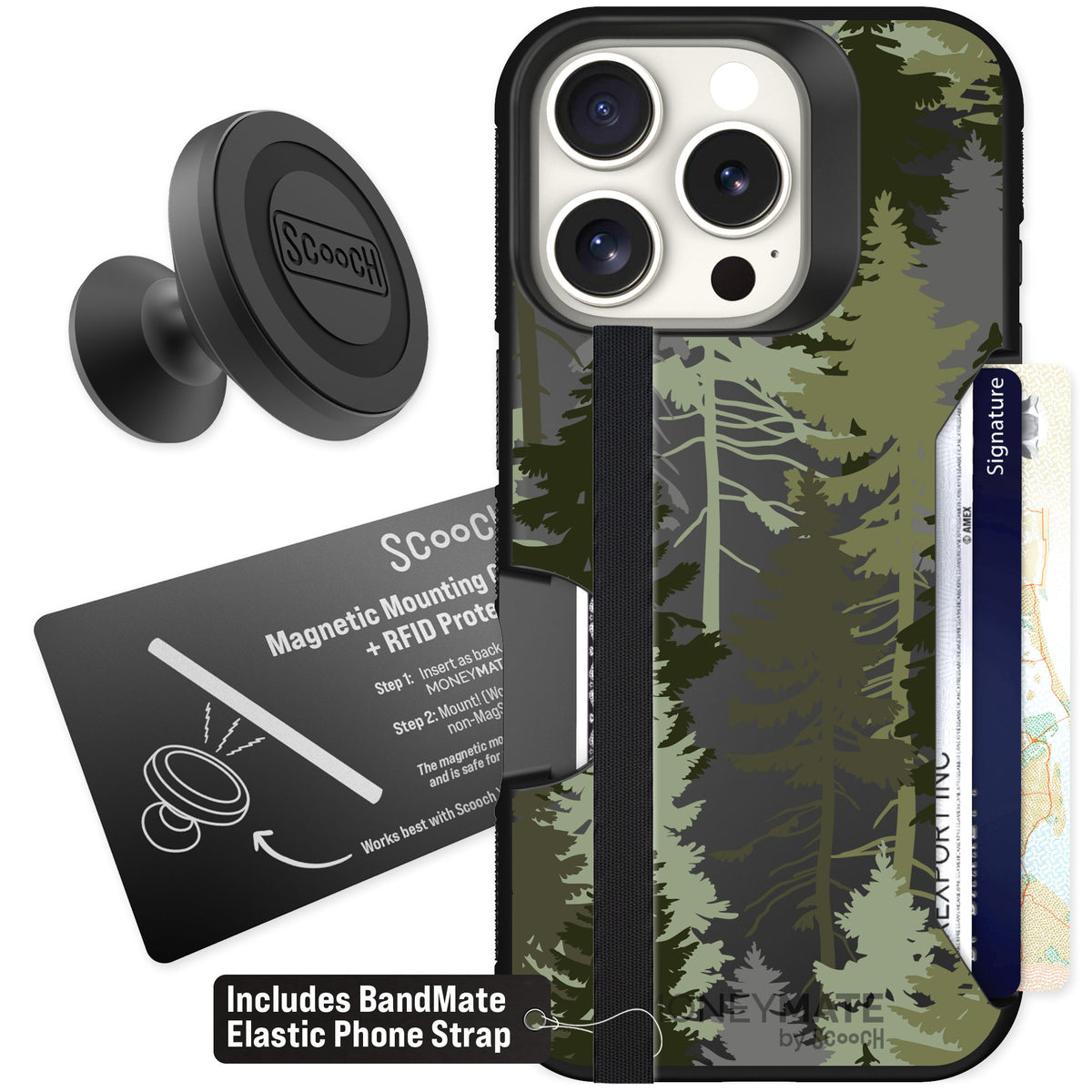 Scooch Moneymate Hidden Pines for iPhone 16 Pro — Starter Bundle