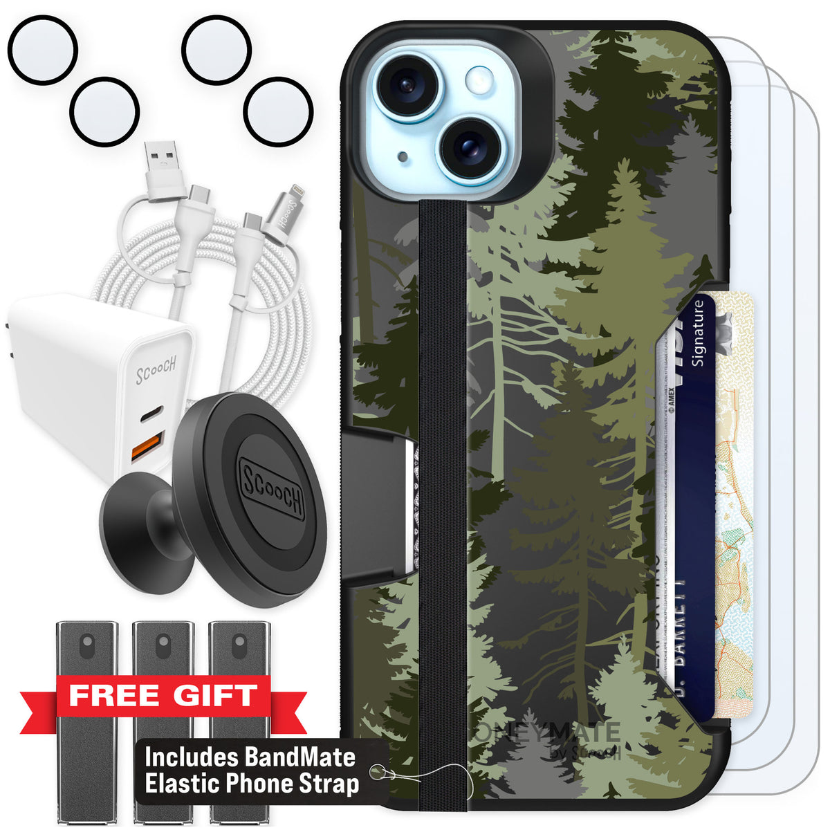 Scooch Moneymate Hidden Pines for iPhone 15 Plus — Ultimate Bundle