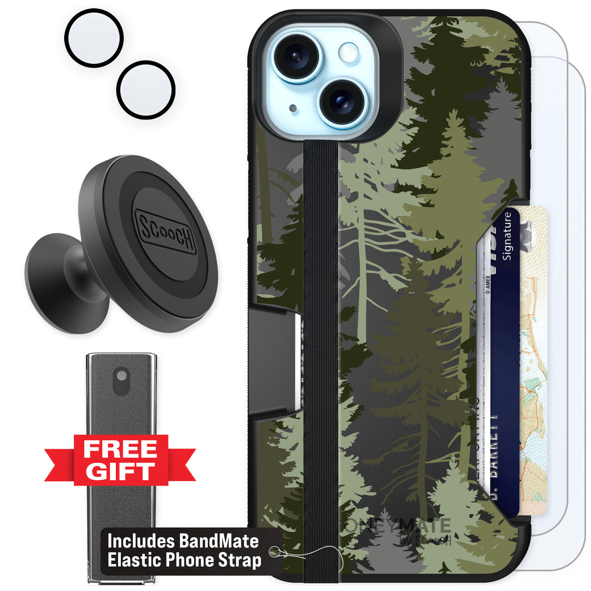 Scooch Moneymate Hidden Pines for iPhone 14 Plus — Defender Bundle