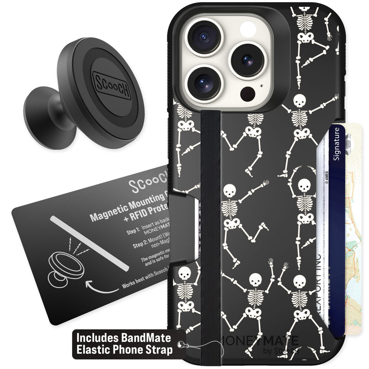 Scooch Moneymate Swinging Skeletons for iPhone 16 Pro — Starter Bundle