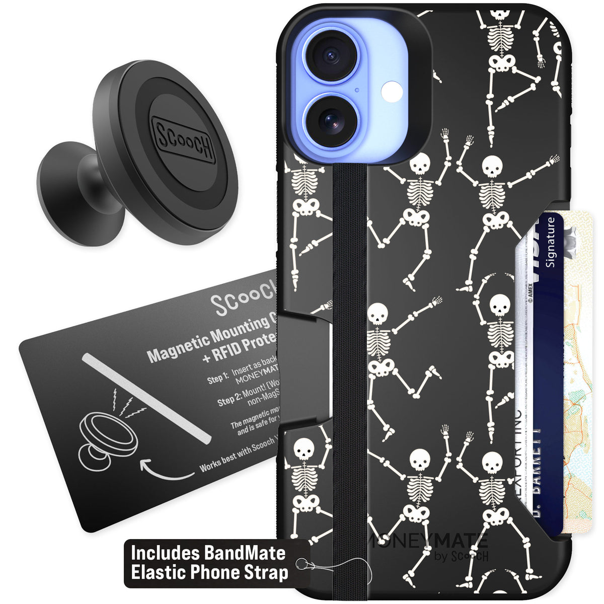 Scooch Moneymate Swinging Skeletons for iPhone 16 Plus — Starter Bundle