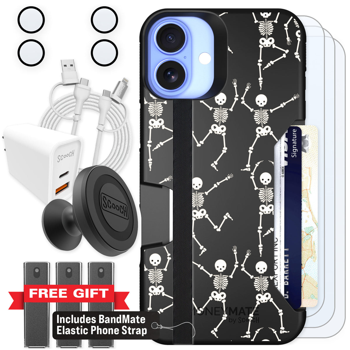 Scooch Moneymate Swinging Skeletons for iPhone 16 Plus — Ultimate Bundle