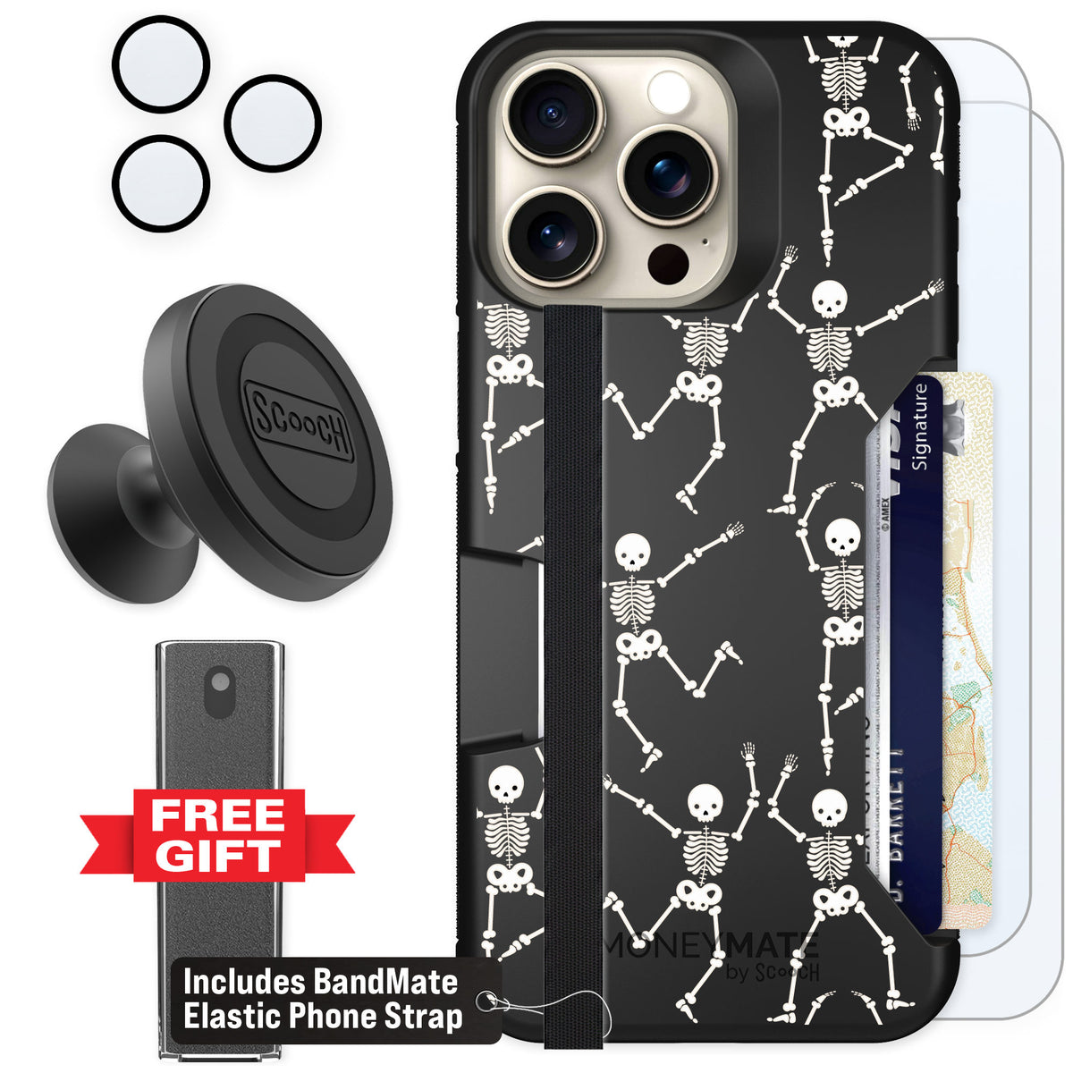 Scooch Moneymate Swinging Skeletons for iPhone 15 Pro Max — Defender Bundle