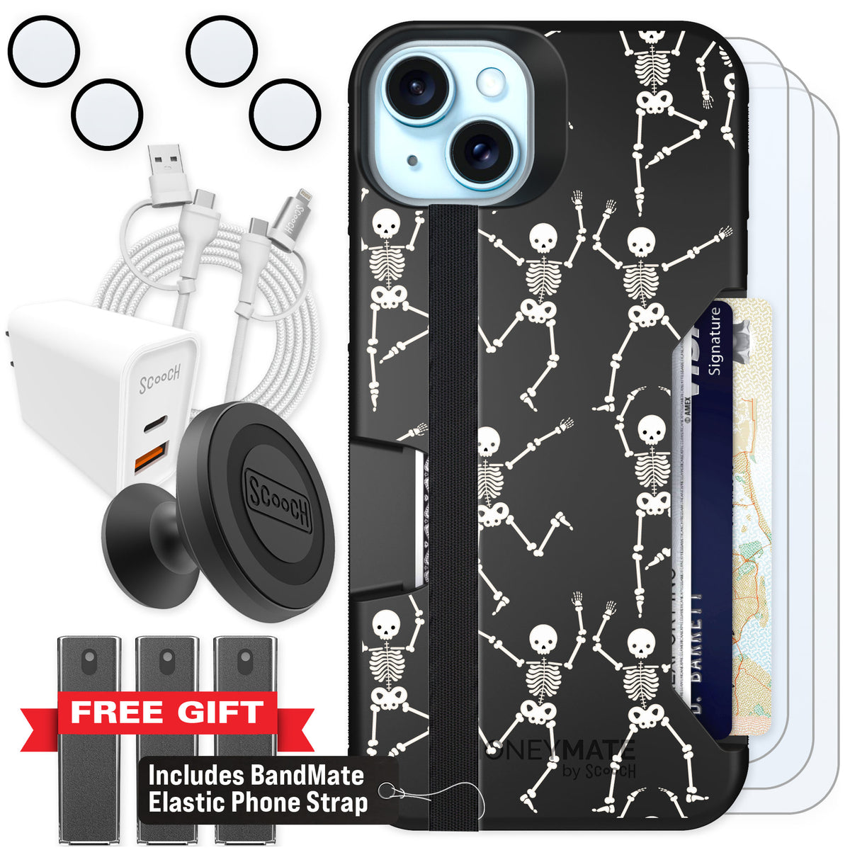 Scooch Moneymate Swinging Skeletons for iPhone 14 Plus — Ultimate Bundle