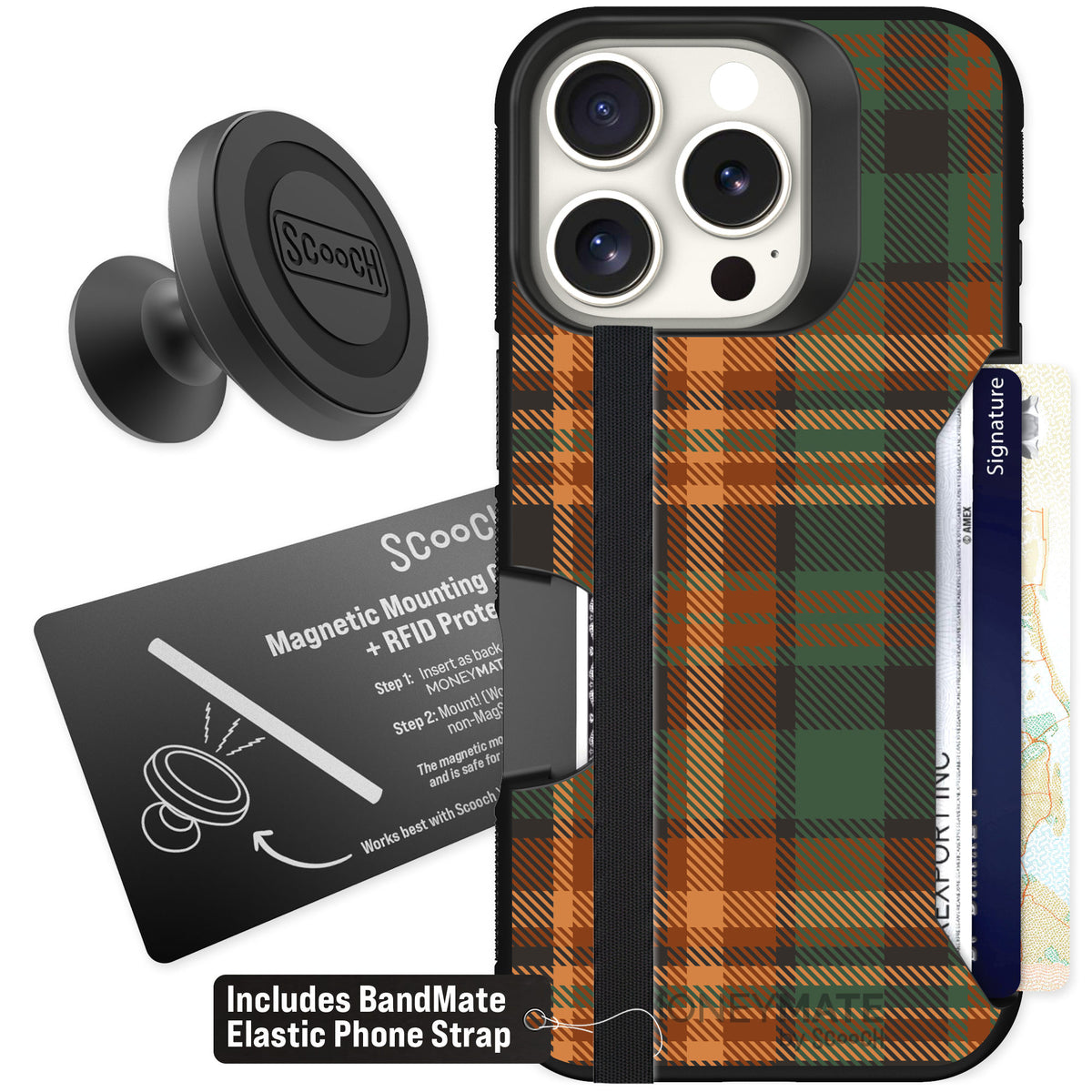 Scooch Moneymate Fall Flannel for iPhone 16 Pro — Starter Bundle