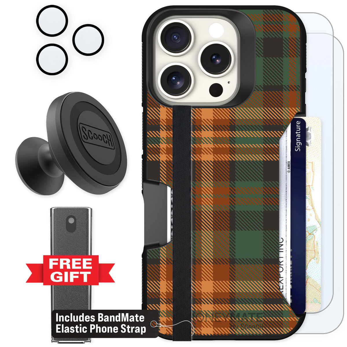 Scooch Moneymate Fall Flannel for iPhone 16 Pro — Defender Bundle