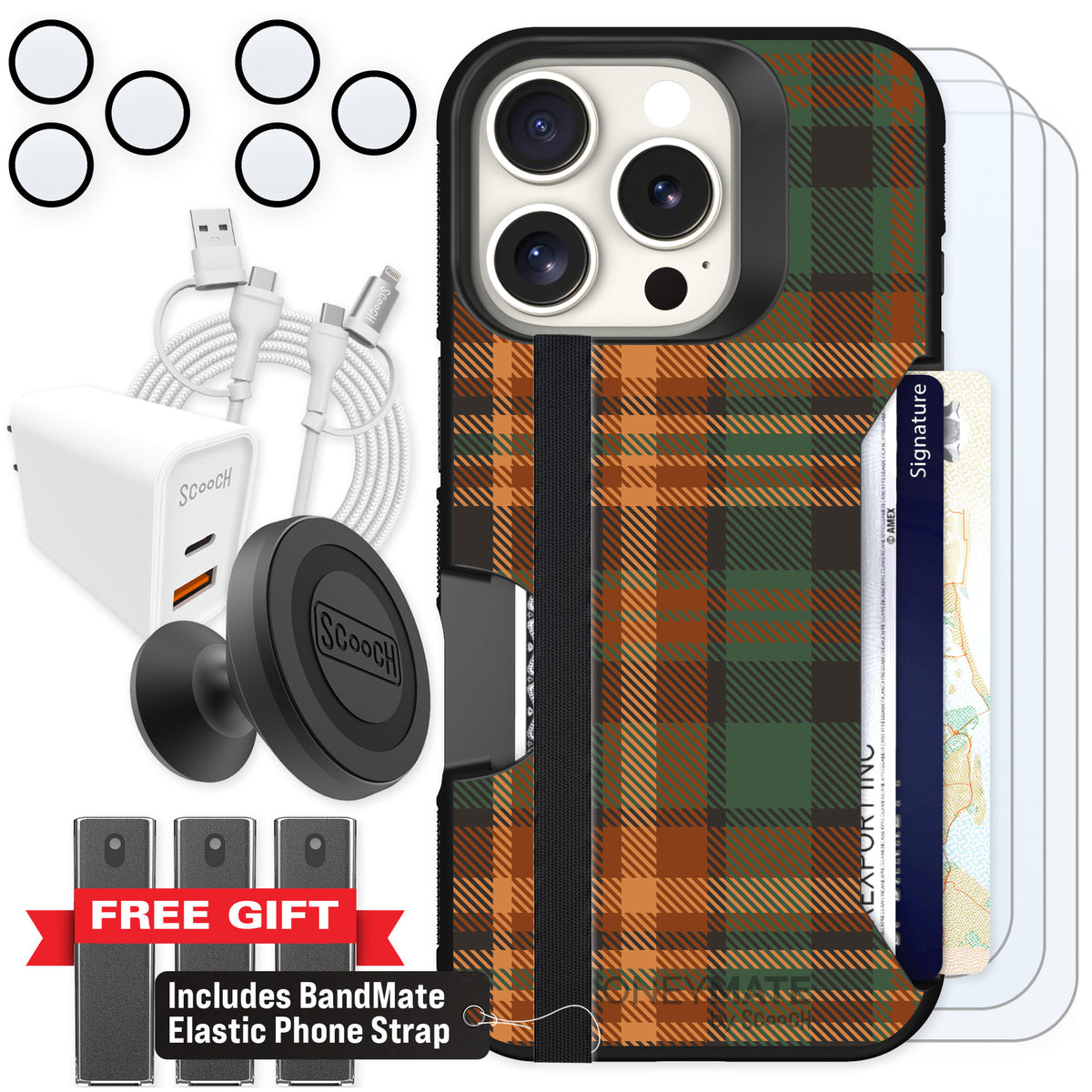 Scooch Moneymate Fall Flannel for iPhone 16 Pro — Ultimate Bundle