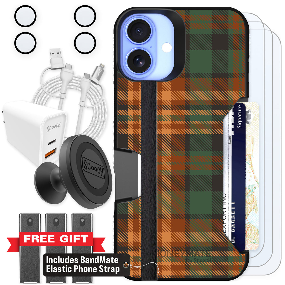 Scooch Moneymate Fall Flannel for iPhone 16 Plus — Ultimate Bundle