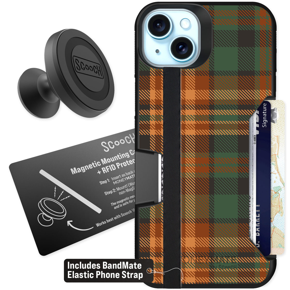Scooch Moneymate Fall Flannel for iPhone 15 Plus — Starter Bundle
