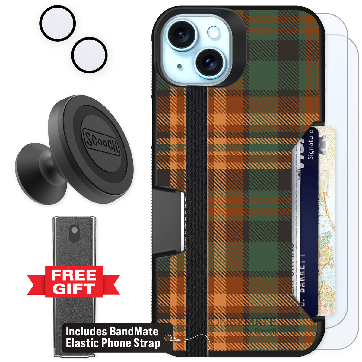 Scooch Moneymate Fall Flannel for iPhone 15 Plus — Defender Bundle