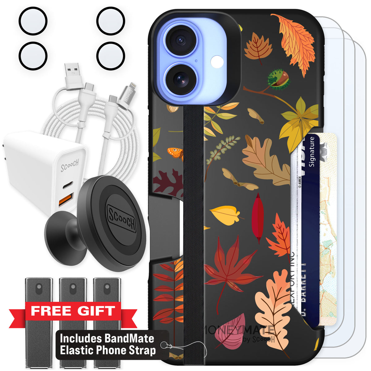 Scooch Moneymate Autumn Leaves for iPhone 16 Plus — Ultimate Bundle