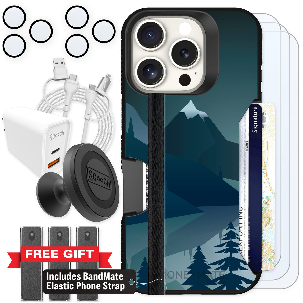 Scooch Moneymate Midnight Ridge for iPhone 16 Pro — Ultimate Bundle
