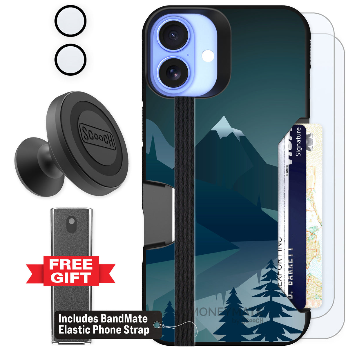 Scooch Moneymate Midnight Ridge for iPhone 16 Plus — Defender Bundle
