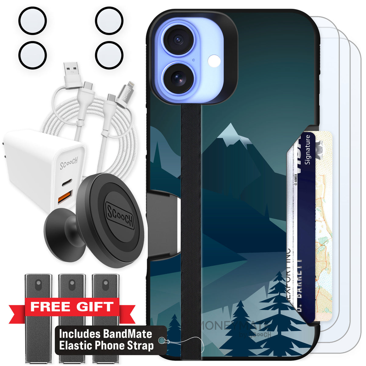 Scooch Moneymate Midnight Ridge for iPhone 16 Plus — Ultimate Bundle