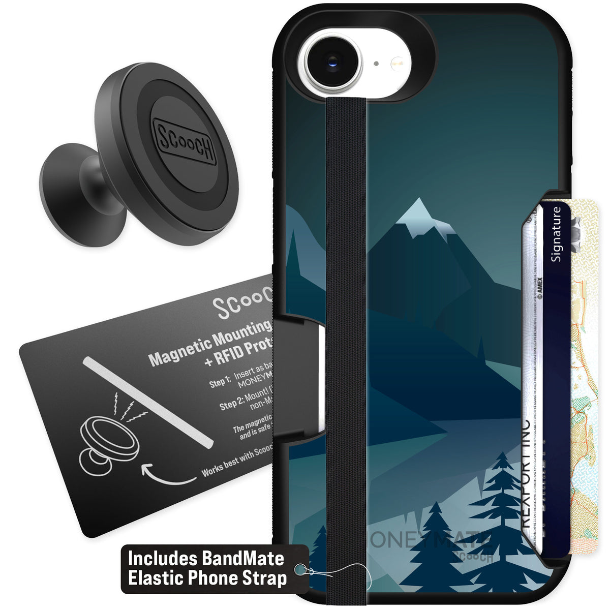 Scooch Moneymate Midnight Ridge for iPhone 16e — Starter Bundle